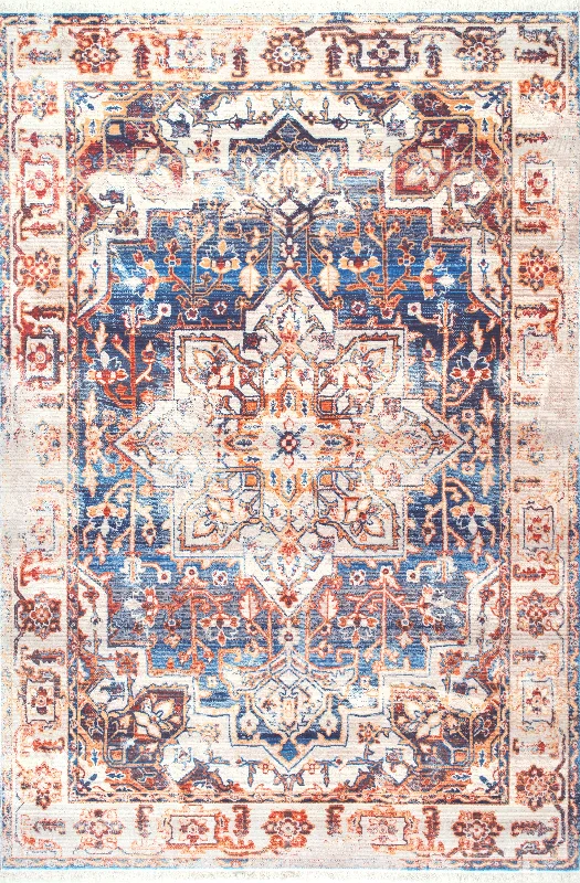 Faded Floral Rosette Medallion Fringe Rug | Dark Blue