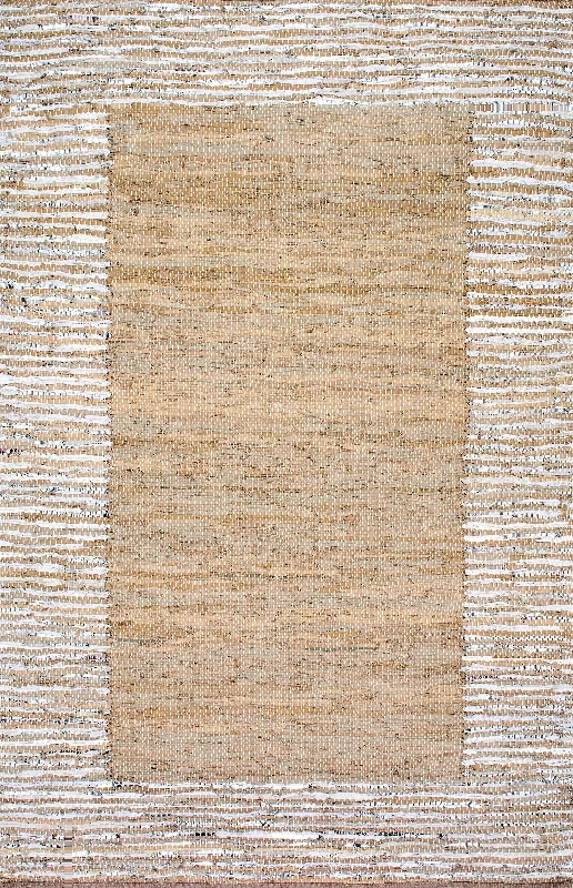 Handwoven Striped Border Leather Rug | Beige