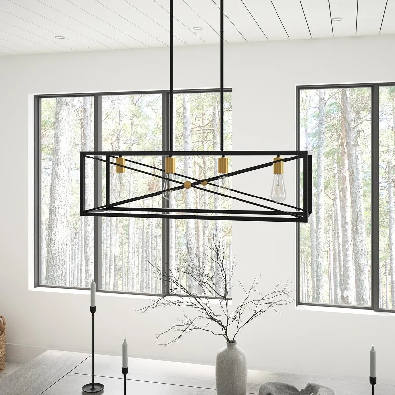 Industrial Black 4-Light Rectangle Kitchen Island Pendant Lighting Fixture