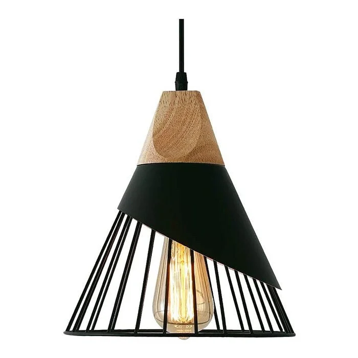 Industrial pendant lamp black cage wood pendant lighting