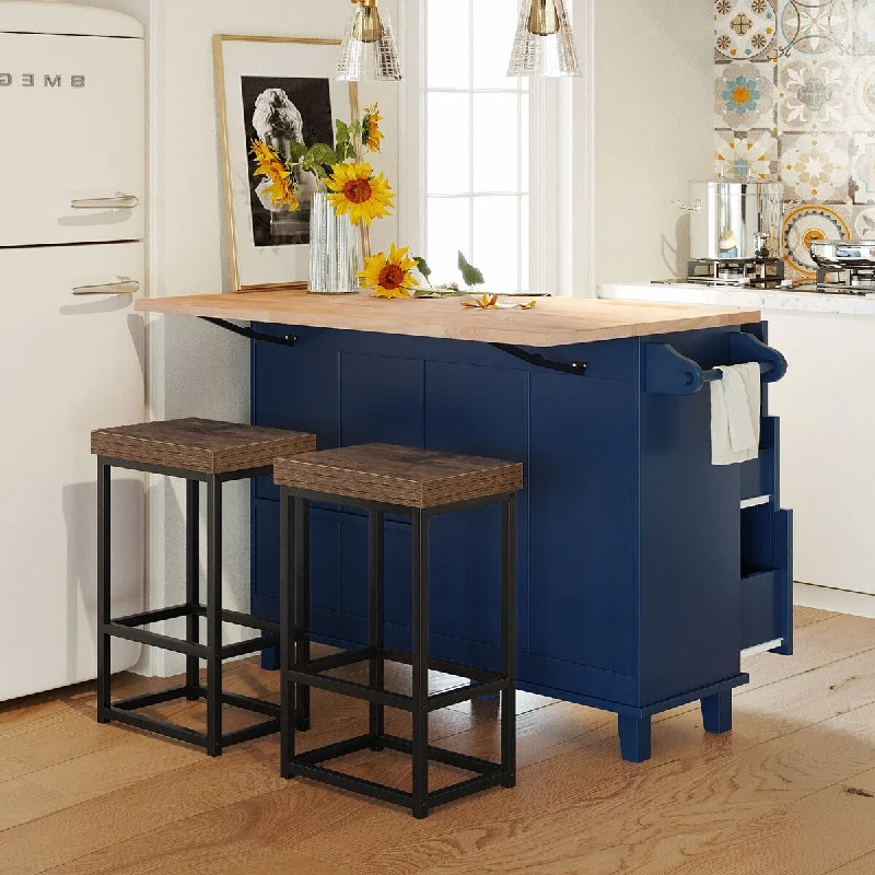 Modern Kitchen Island Dining Table Set with 2 Seatings Wooden Tabletop 4 Drawers Lockers Removable Shelf Towel Rack