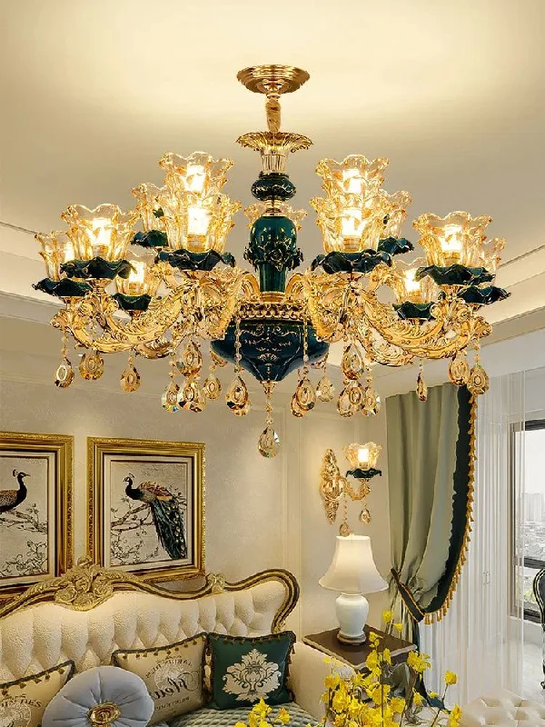 Vintage Green Crystal Ceramic Chandelier - Timeless Elegance with a Touch of Tradition