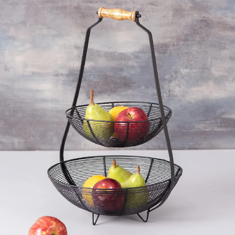 2 Tier Fruit Vegetable Basket with Wooden Handle for Kitchen Dining Table Black Iron Basket