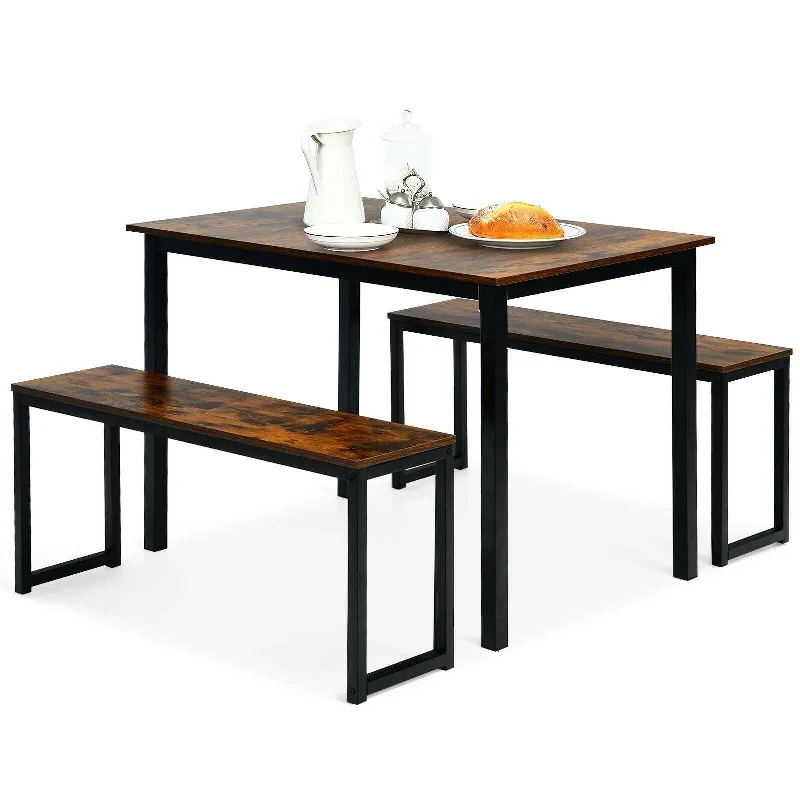 3-Piece Dining Table Set with 2 Benches, Kitchen Bench Table Set