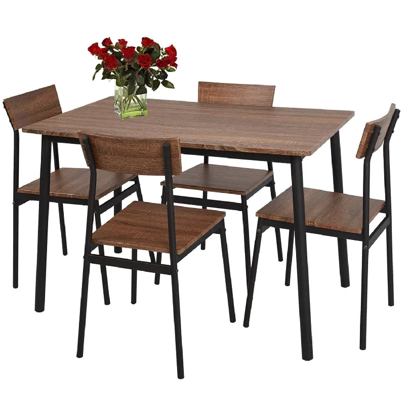 5 Piece Dining Table Set, 1 Dining Table 43.3" for 4 with 4 Dining Chairs Rustic Wooden Dinette, Wood Backrest