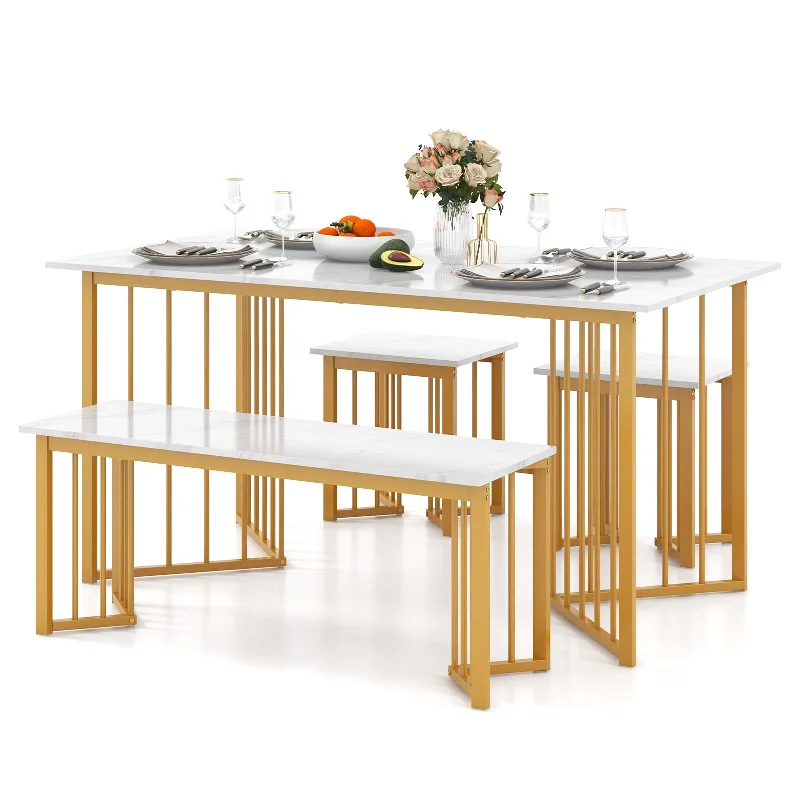 Giantex 4-Piece Dining Table Set for 4, Kitchen Table Chairs Set with Bench & 2 Stools