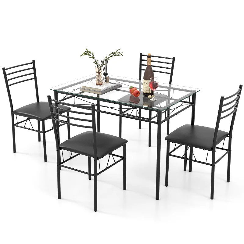 Giantex 5 Piece Dining Table Set, Kitchen Dining Set with Tempered Glass Table Top and 4 Upholstered Chairs (Black)