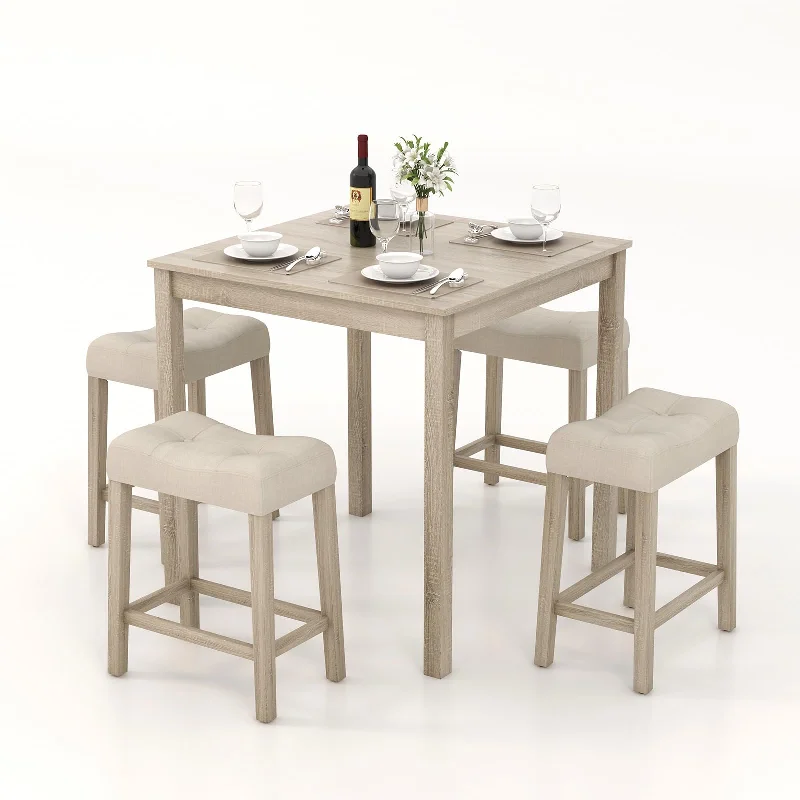 Giantex Dining Table Set for 4, 5-Piece Bar Table Set with 35”x35 Square Table, 18”x11 Padded Stools