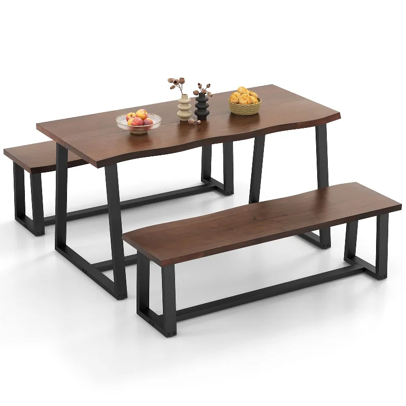 Giantex Dining Table Set for 4-63” Large Table & 2 Long Benches Set for 4-6 People