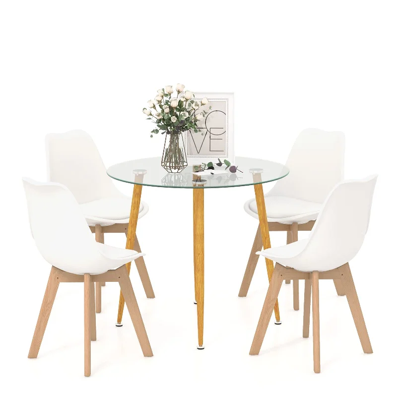 Giantex Dining Table Set for 4, Modern 5-Piece Dining Room Set w/ 1 Round Tempered Glass Table & 4 High Back Chairs