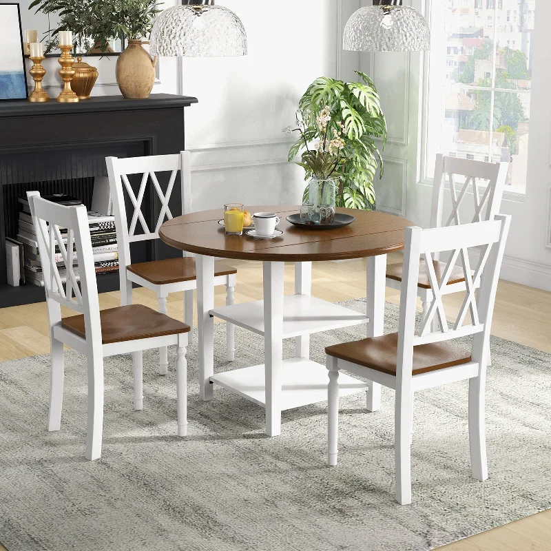 Giantex Dining Table Set for 4 w/Drop Leaf Round Kitchen Table & 4 Chairs, Dining Room Table w/Storage