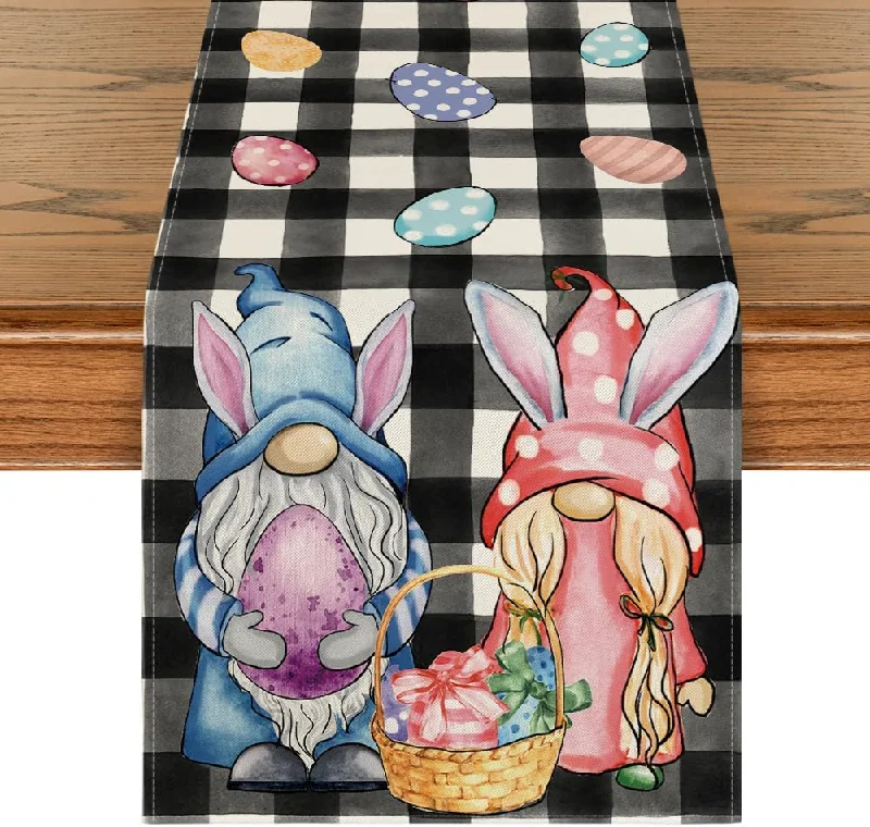 Gnomes Eggs Easter Table Runner 13" x 72" Buffalo Plaid Bunny Seasonal Holiday Kitchen Dining Table Decor