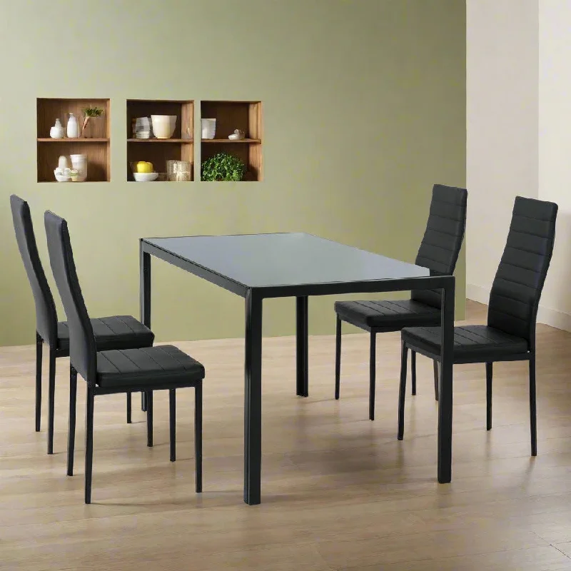 5-Piece Tazio Black Dining Table & Chair Set Dinner Glass Leather Kitchen