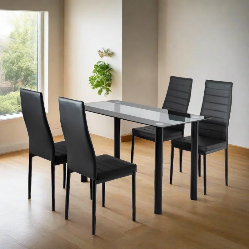 5-Piece Tazio Black Dining Table & Chair Set Dinner Glass Leather Kitchen