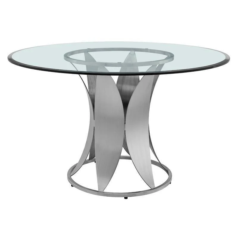 Armen Living Petal Round Stainless Steel/Glass Dining Table in Chrome/Clear