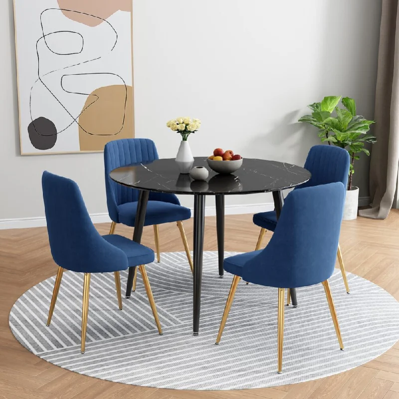 5-Piece Ermes Blue Dining Table & Chair Set Velvet Bistro