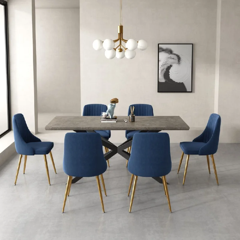 6-Piece Dario Navy Dining Table & Chair Set Rectangular Velvet Banquet