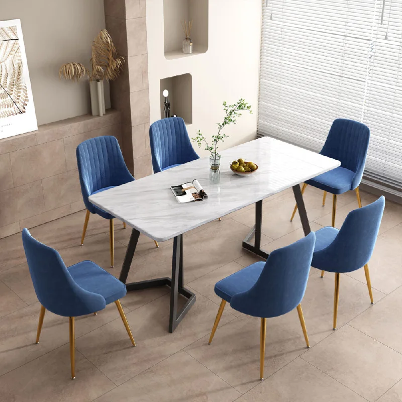 6-Piece Zelma Blue Dining Table & Chair Set Marble Bliss Velvet