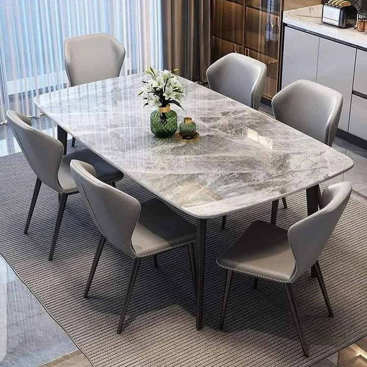 Marble-Finish Rectangular Dining Table Set with Padded Chairs