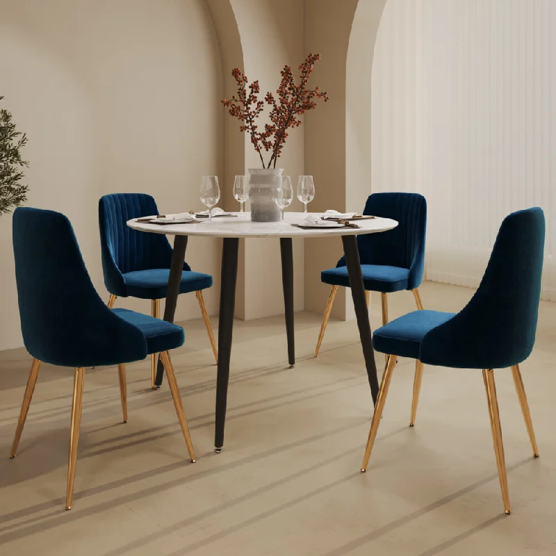 5-Piece Ermes Blue Dining Table & Chair Set Velvet Bistro