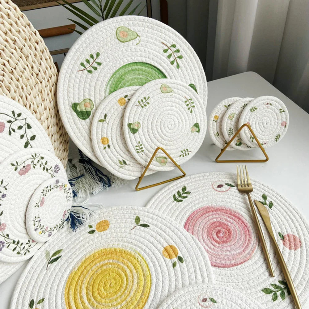 Round Table Mat Woven Ramie Placemats Anti Slip Dining Table Mats Non-Slip Tableware Bowl Pads Kitchen Drink Cup Coasters