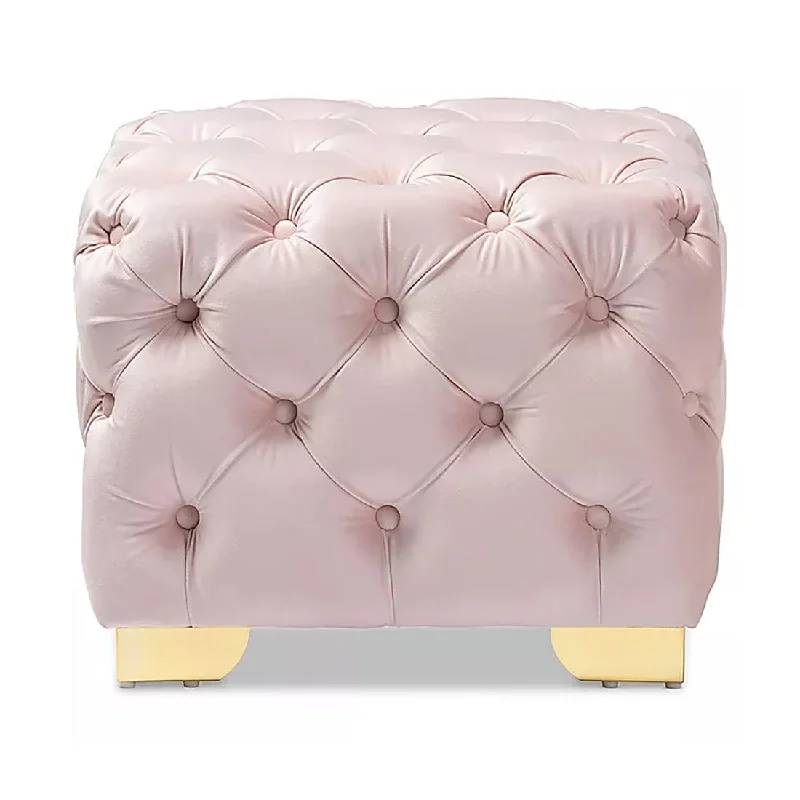 DOE BUCK SQUARE VELVET OTTOMAN/POUFEE (BABY PINK )