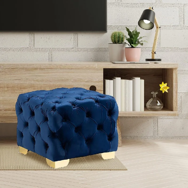 DOE BUCK SQUARE VELVET OTTOMAN/POUFEE IN ROYAL BLUE  /GOLD