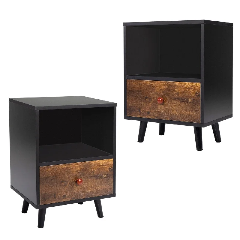 2 Pcs Nightstand with Drawer & Storage Shelf, Wooden End Table, Black