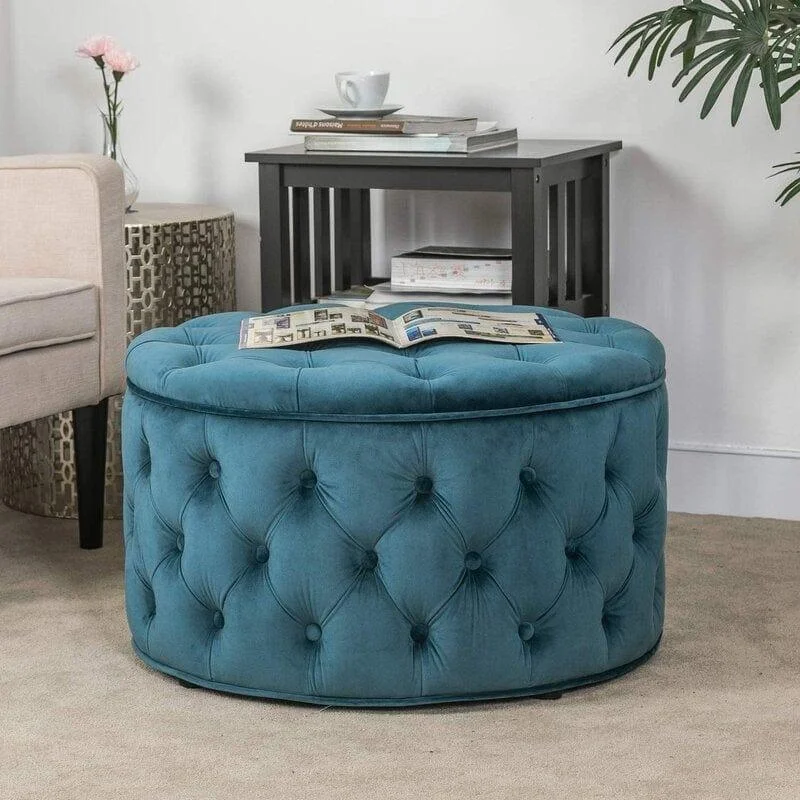 Wide Velvet Tufted Round Storage Ottoman with Storage