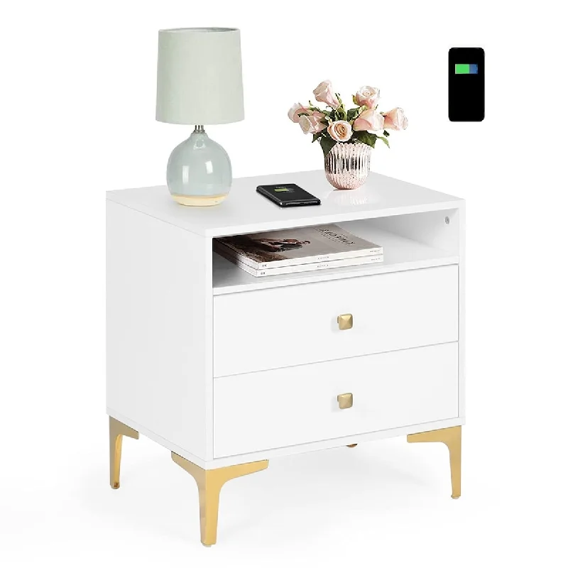 Nightstand with Wireless Charging Function Wooden Night Stands with 2 Drawers and Open Shelf Storage Cabinet End Table