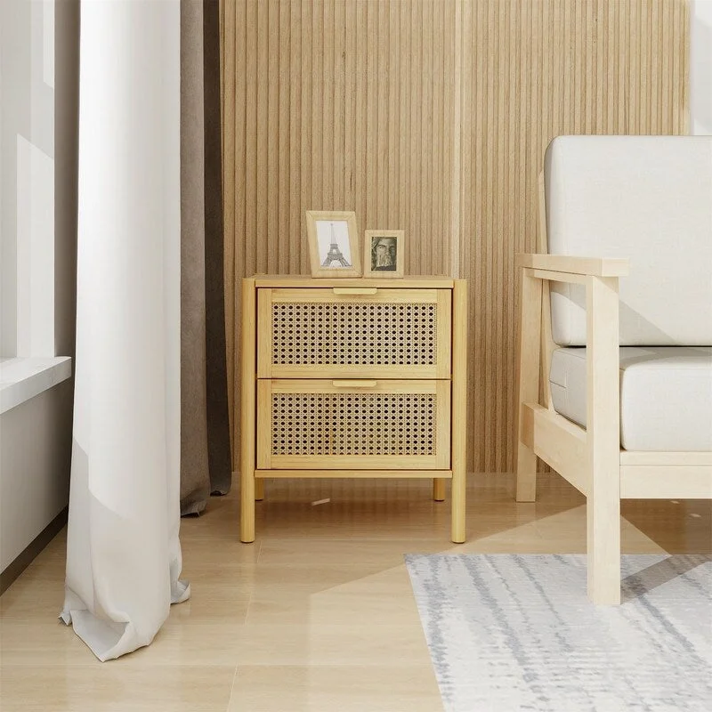 2 drawer end table, bamboo and rattan Mid-century modern nightstand