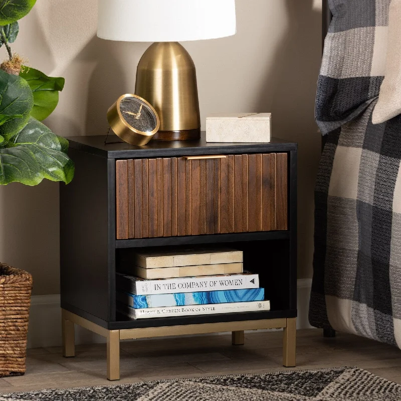 Baxton Studio Uriel Mid-Century Modern Two-Tone Natural Brown/ Black Finished Wood and Brushed Gold Metal 1-Drawer End Table