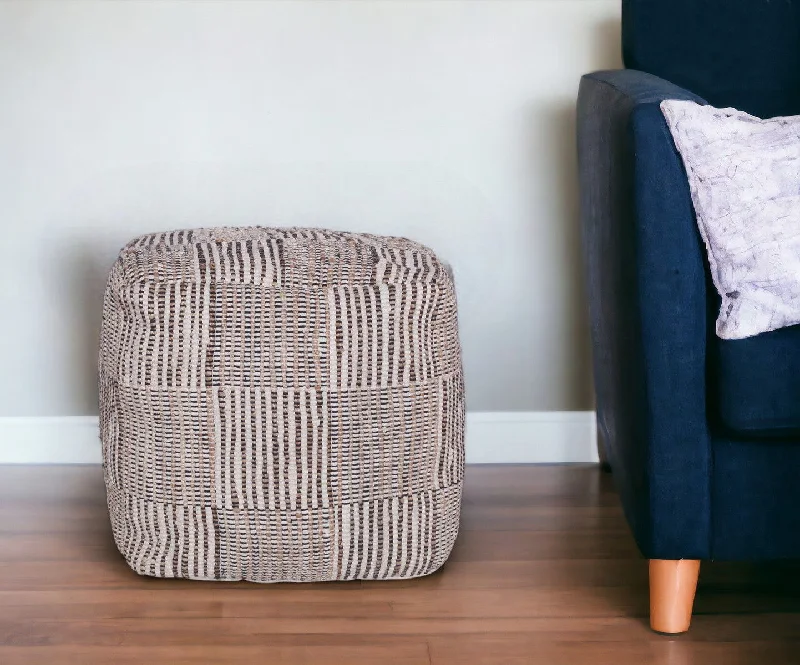 Cotton Cube Geometric Pouf Ottoman - Brown