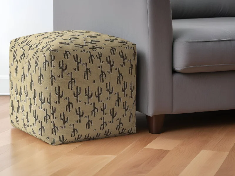 Cotton Floral Pouf Ottoman - Beige