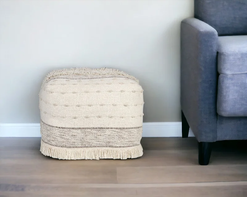 Cotton Striped Pouf Ottoman - Cream