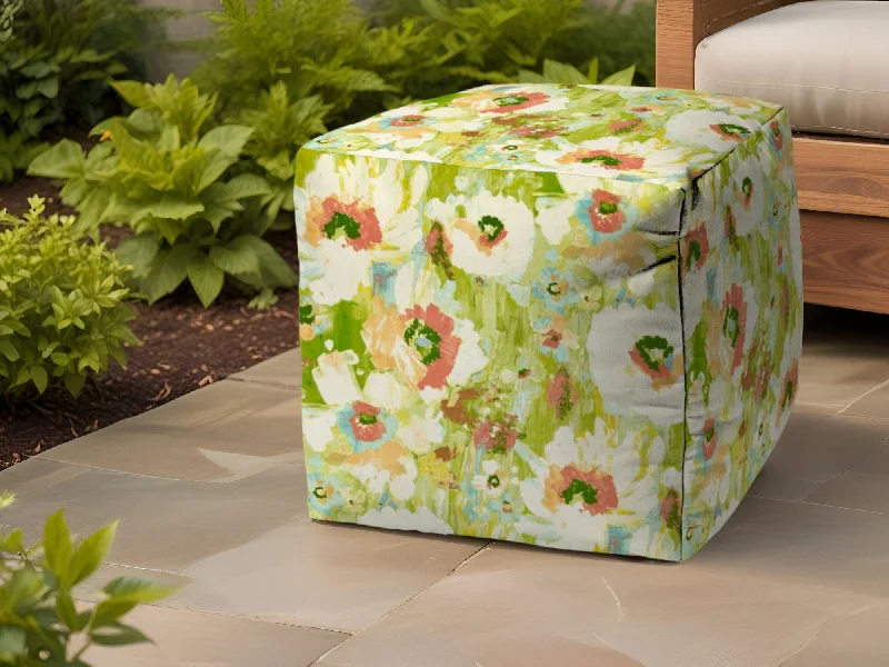 Cube Floral Indoor / Outdoor Pouf Ottoman - Green