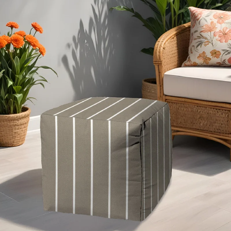 Cube Striped Indoor / Outdoor Pouf Ottoman - Taupe