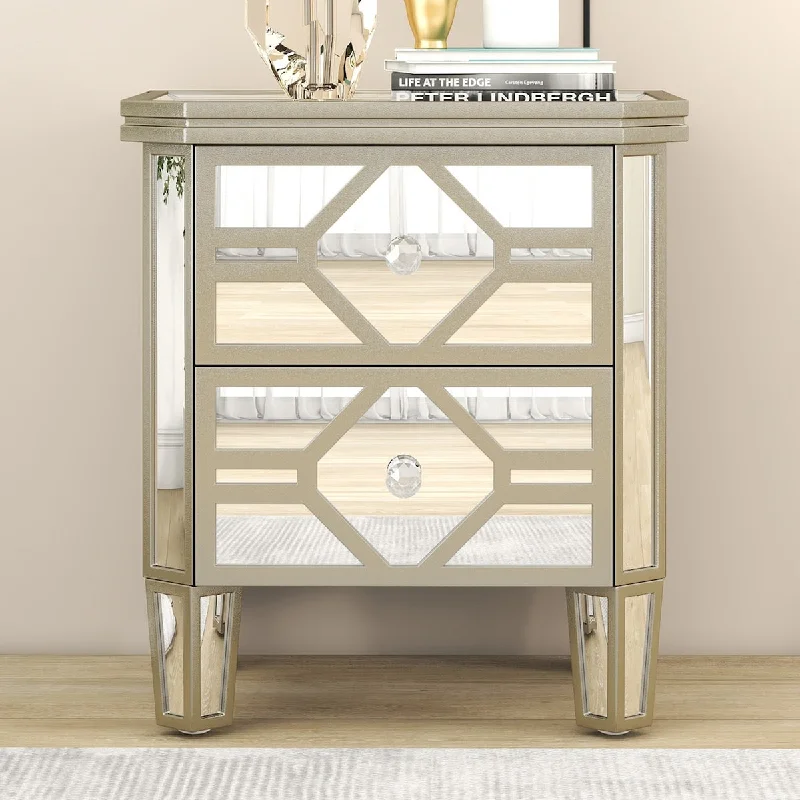 Elegant Mirrored 2-Drawer Side Table with Golden Lines for Living Room, Hallway, Entryway