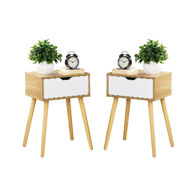 End Table Nightstand with 2 Storage Drawer - Modern nightstand Set of 2- Storage Cabinet -Solid Wood Legs