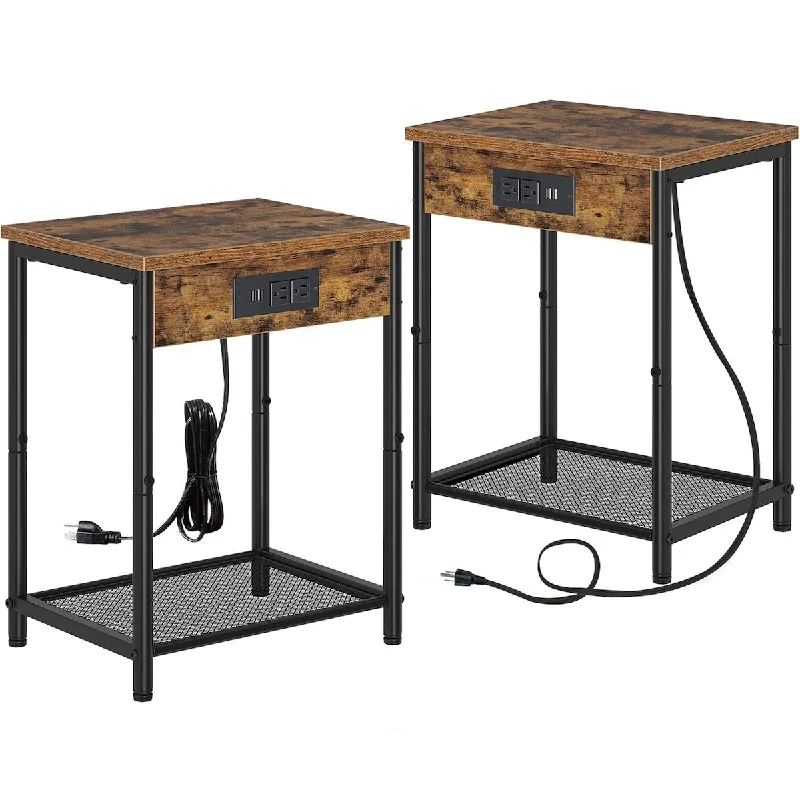 End Table Set of 2 with Charging Station, Small Side Table with USB Ports & Storage Shelf for Small Space, Living Room