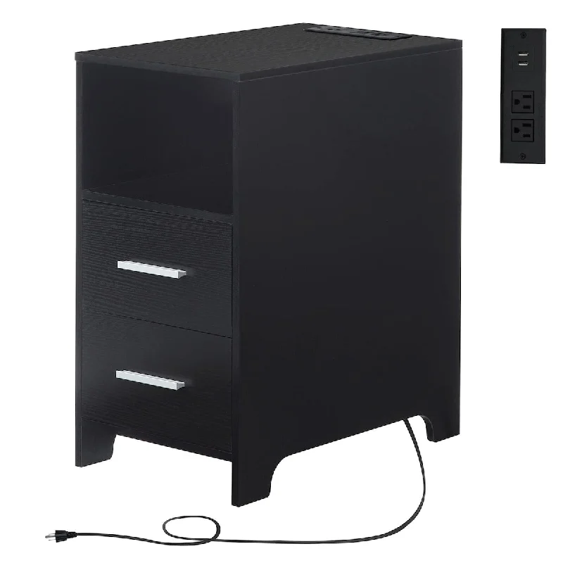 End Table with Charging Station, Narrow Side Table, Modern Nightstand with 2 Drawers and USB Ports & Power Outlets,