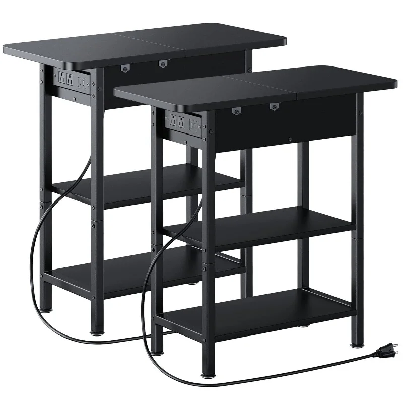 End Table with Charging Station,Set of 2 Flip Top Side Table with USB Ports and Outlets,Nightstand for Small Spaces