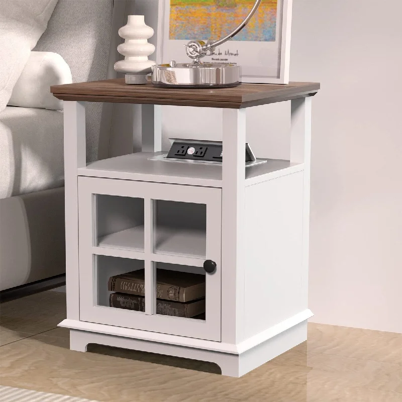 End Table with Charging Station, Side Table with Storage, Wireless Charging End Table for Living Room