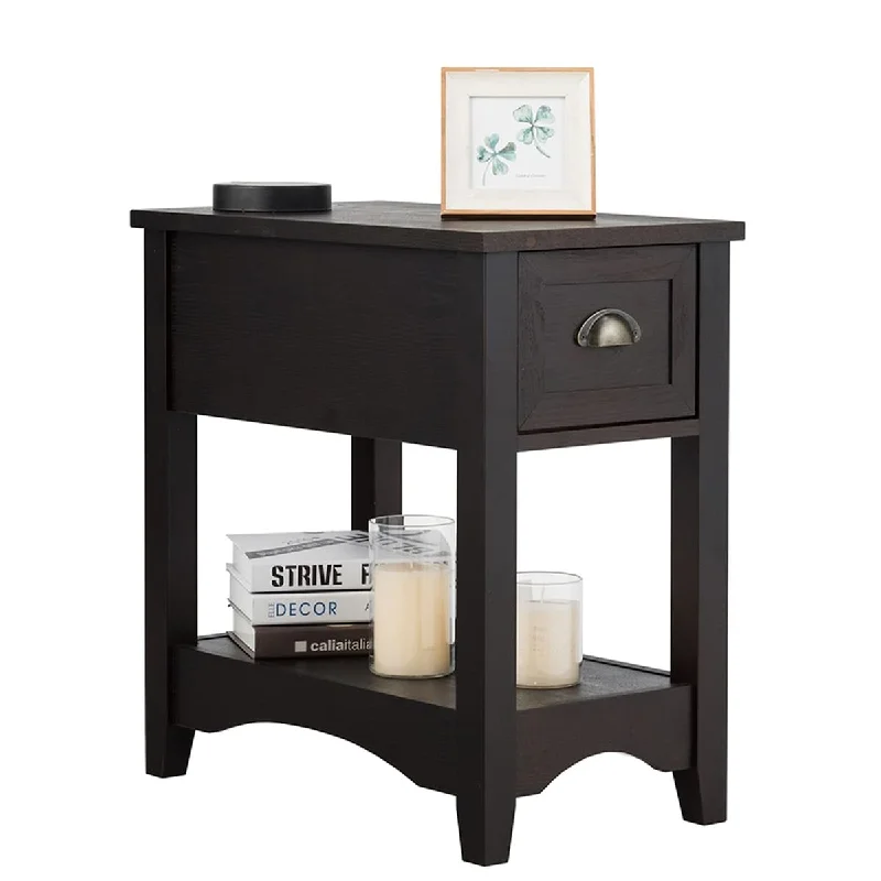 End Table with Drawer and Open Shelf, Retro Narrow Side Table Nightstand w/Solid Wood Legs, Slim End Table for Small Space,