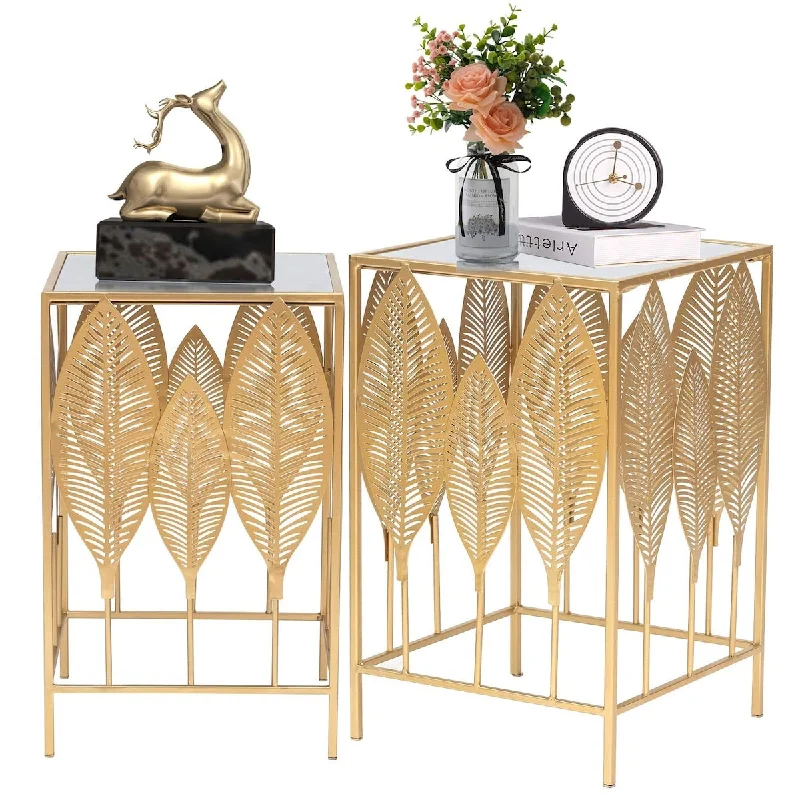 End Tables Accent Coffee Table Indoor Outdoor Decorative Nesting Square Nightstands, Set of 2, Gold