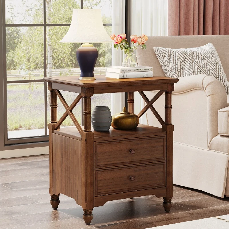 Farmhouse Nightstand with Drawer and Shelf, End Table Side Table