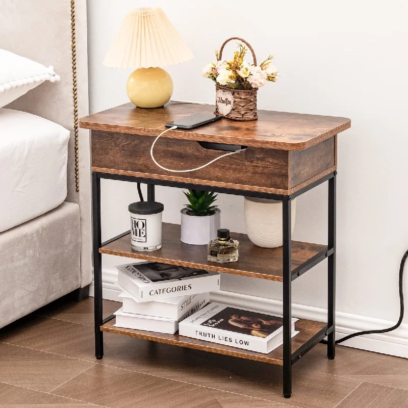 Flip End Table with Charging Station, Narrow End Table with USB-C & Power Outlets for Small Spacse, Nightstand