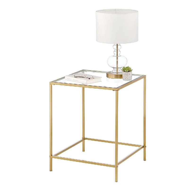 Glass Top Side/End Table - Small Minimalistic Square Geometric Accent Metal Nightstand Furniture for Living Room, Dorm