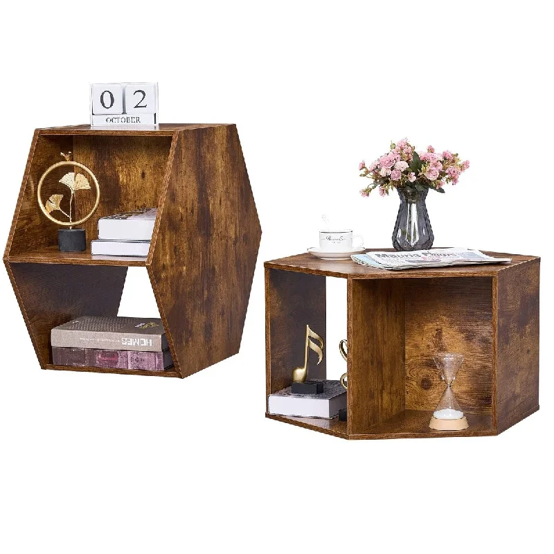 Hexagonal Small Coffee Table with Open Storage, Multifunctional Faceted Top End Table, Natural Wood Modern Nightstand Brown