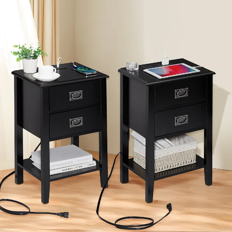 Javlergo Set of 2 Wooden Nightstand with Charging Station, Side End Table with USB Drawer and Open Storage Shelf